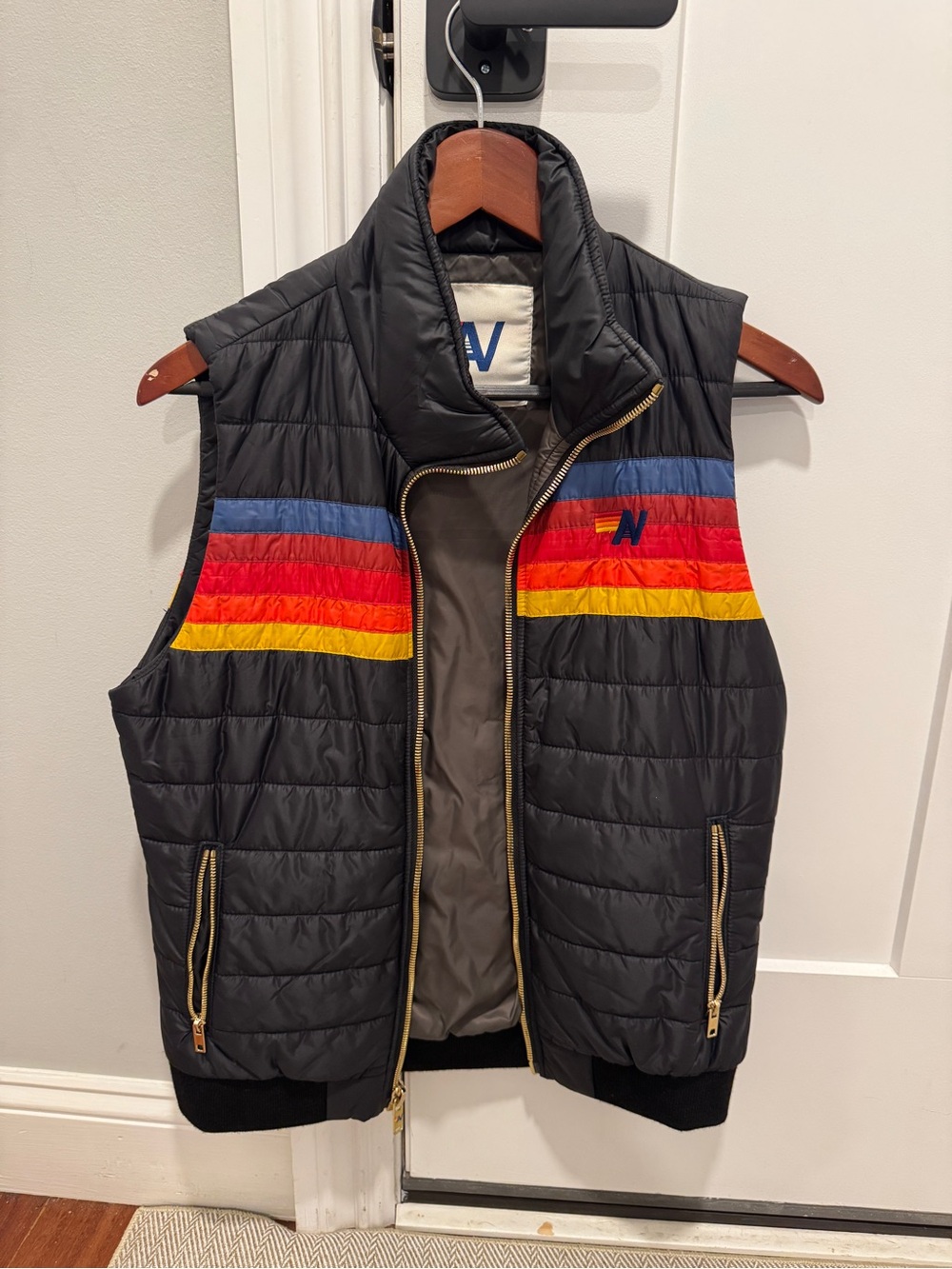 Aviator Nation Black Quilted Vest with Blue, Red, Orange & Yellow Stripes